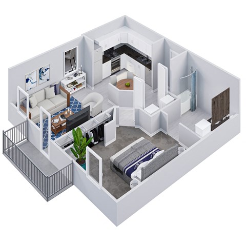 an open floor plan with a bedroom and living room on the first floor and a dining room